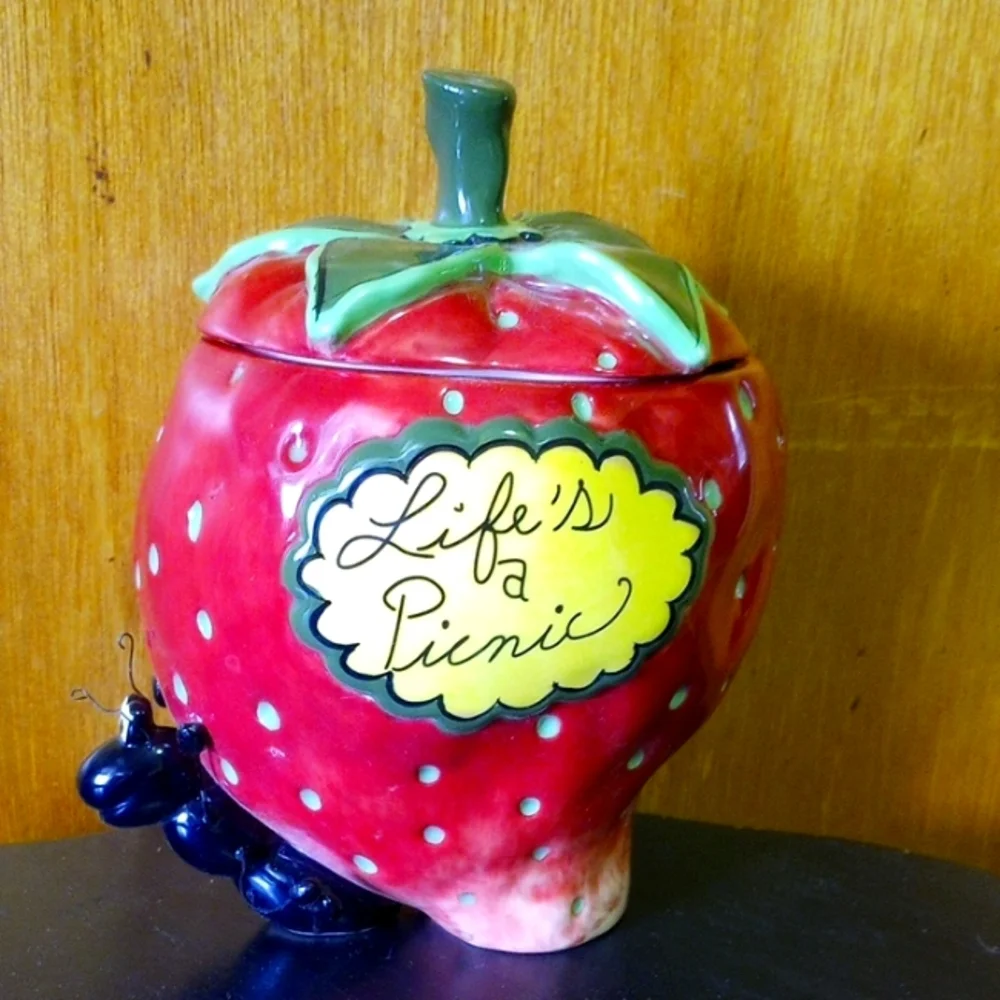 Life's a Picnic Red Strawberry Ceramic Cookie Jar by